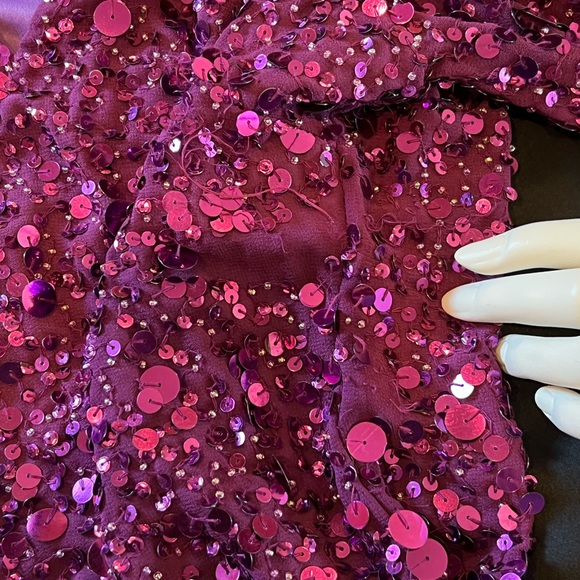 NWT Aidan Mattox Pink Purple Sequin Blouse Shirt Ruched Sleeves V Neck Size S - Picture 16 of 16